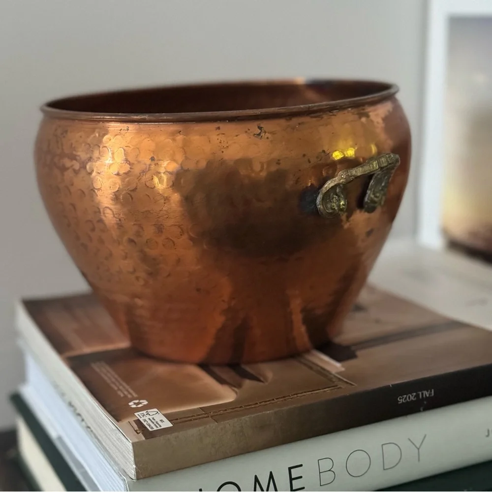 Vintage Hosley Copper Container Planter W/ Brass Handles / vase